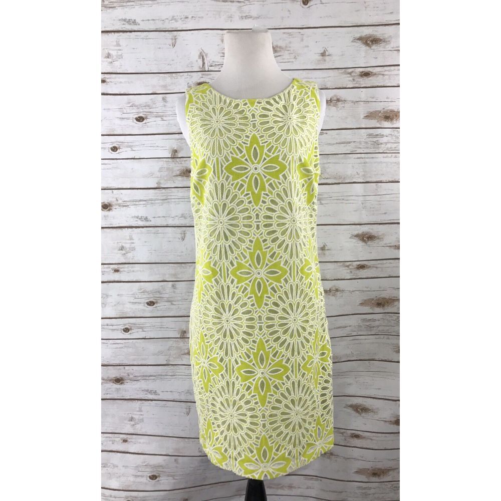 BELLE BY BADGLEY MISCHKA Floral Mesh Lace Sheath Dress Yellow Lime‎ Green Size 4